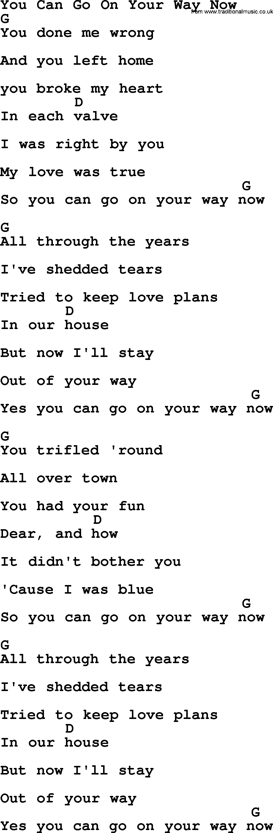 Bluegrass song: You Can Go On Your Way Now, lyrics and chords