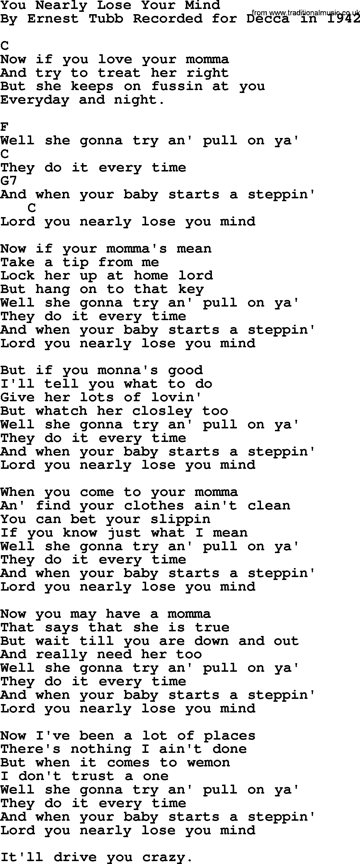 Bluegrass song: You Nearly Lose Your Mind, lyrics and chords