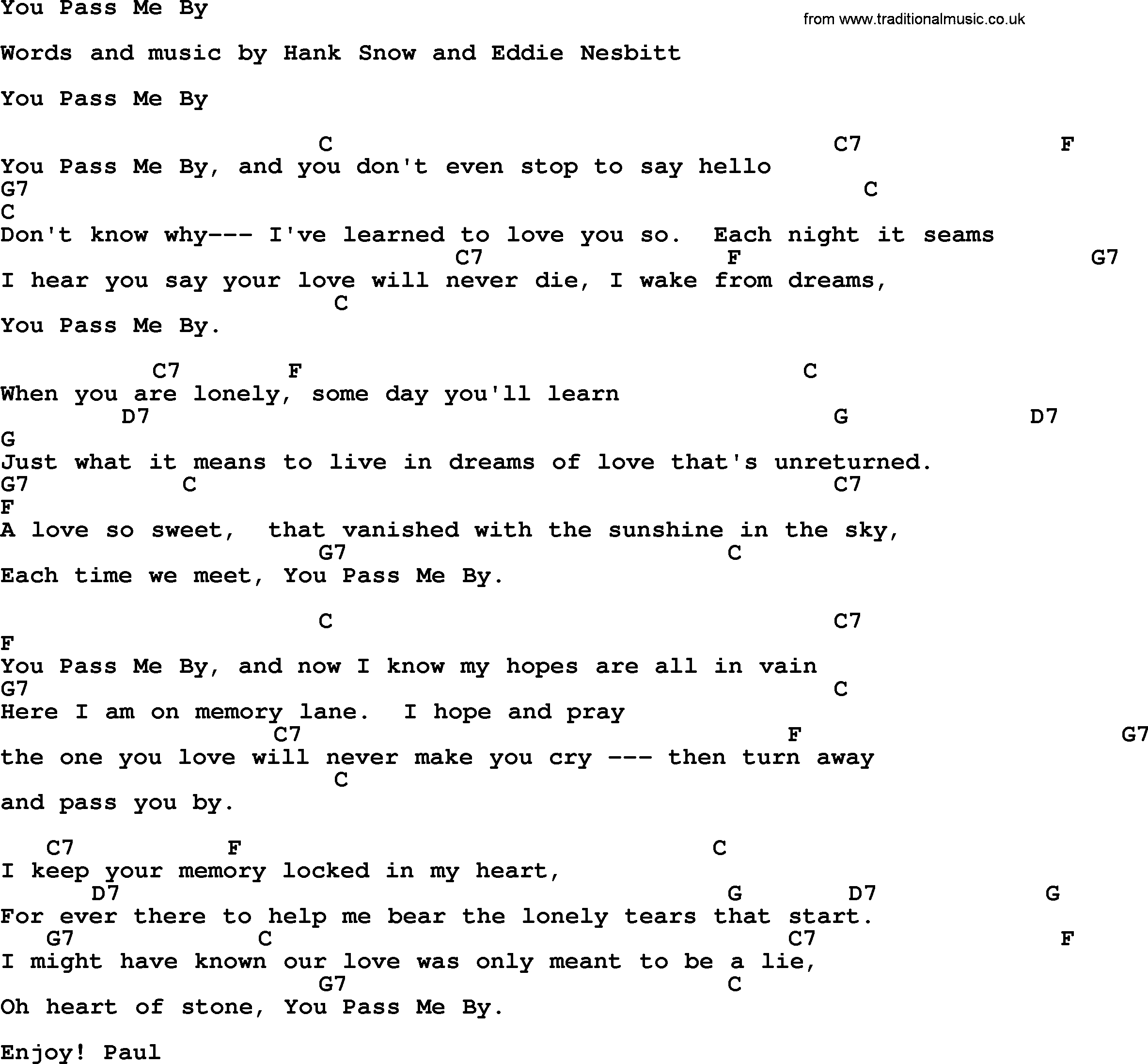 Bluegrass song: You Pass Me By, lyrics and chords