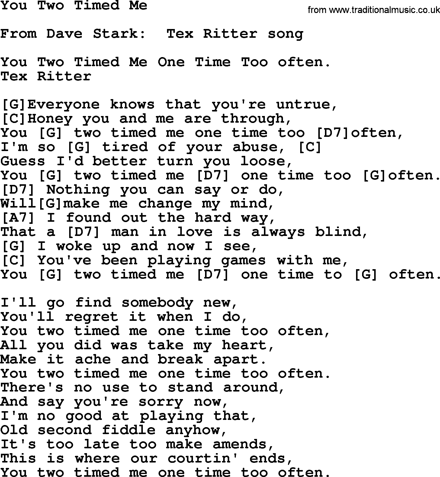 Bluegrass song: You Two Timed Me, lyrics and chords