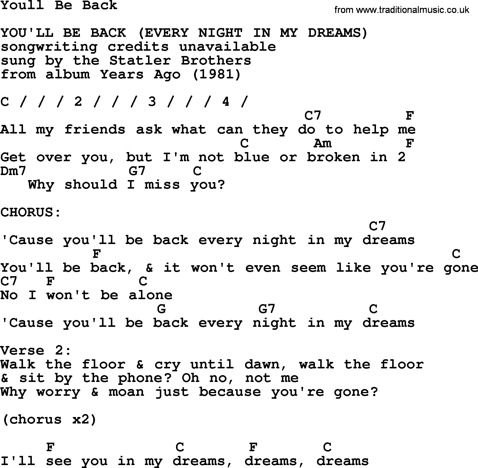 Bluegrass song: Youll Be Back, lyrics and chords