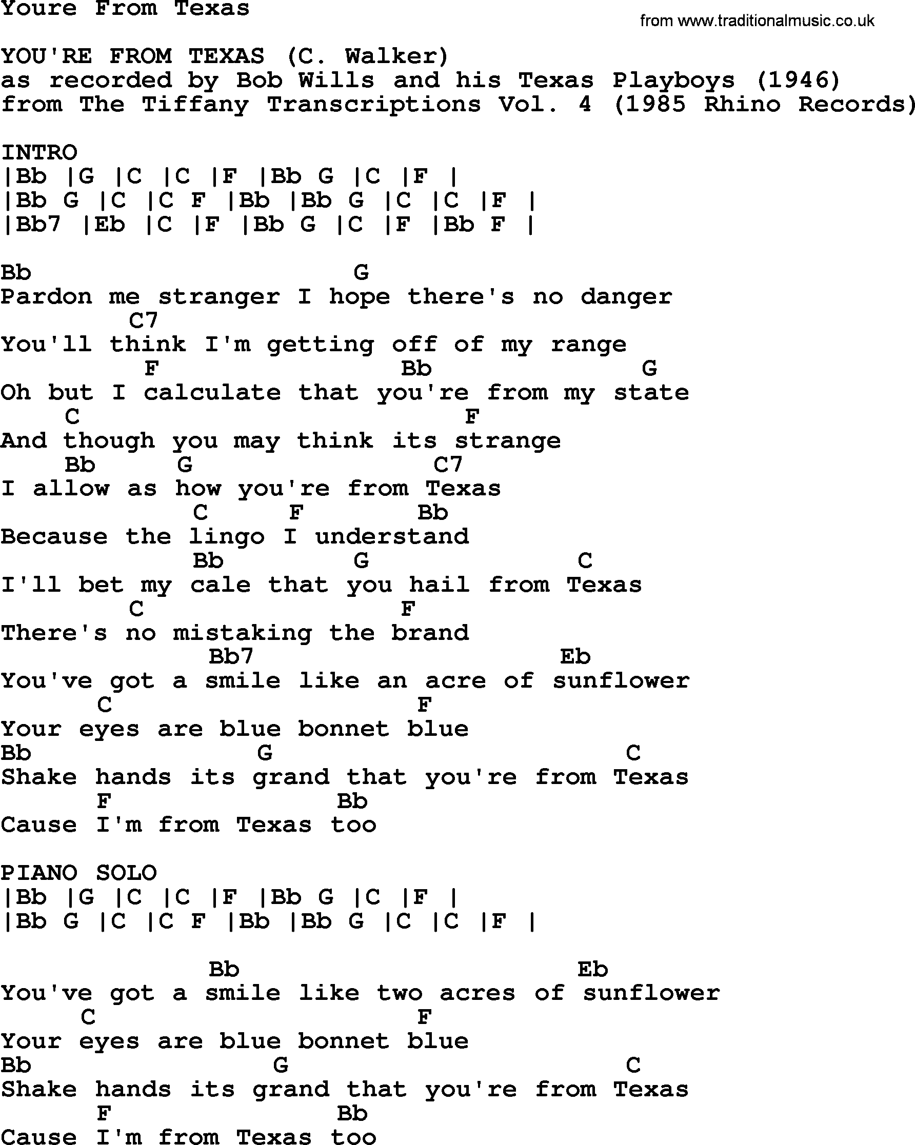 Bluegrass song: Youre From Texas, lyrics and chords