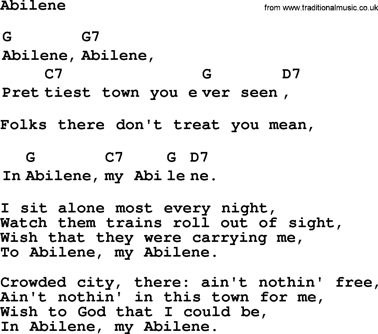 Top 1000 Most Popular Folk and Old-time Songs: Abilene, lyrics and chords