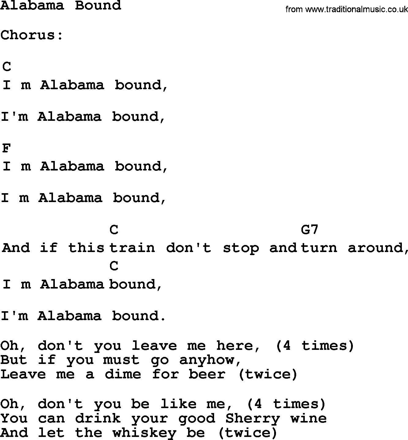 Top 1000 Most Popular Folk and Old-time Songs: Alabama Bound, lyrics and chords