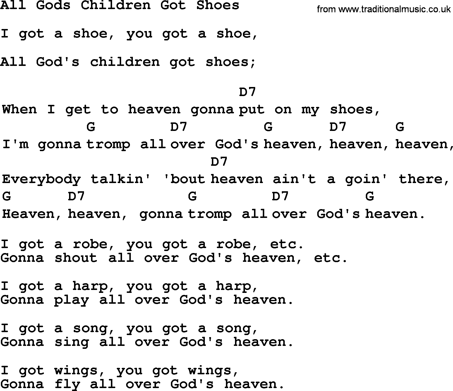 Top 1000 Most Popular Folk and Old-time Songs: All Gods Children Got Shoes, lyrics and chords