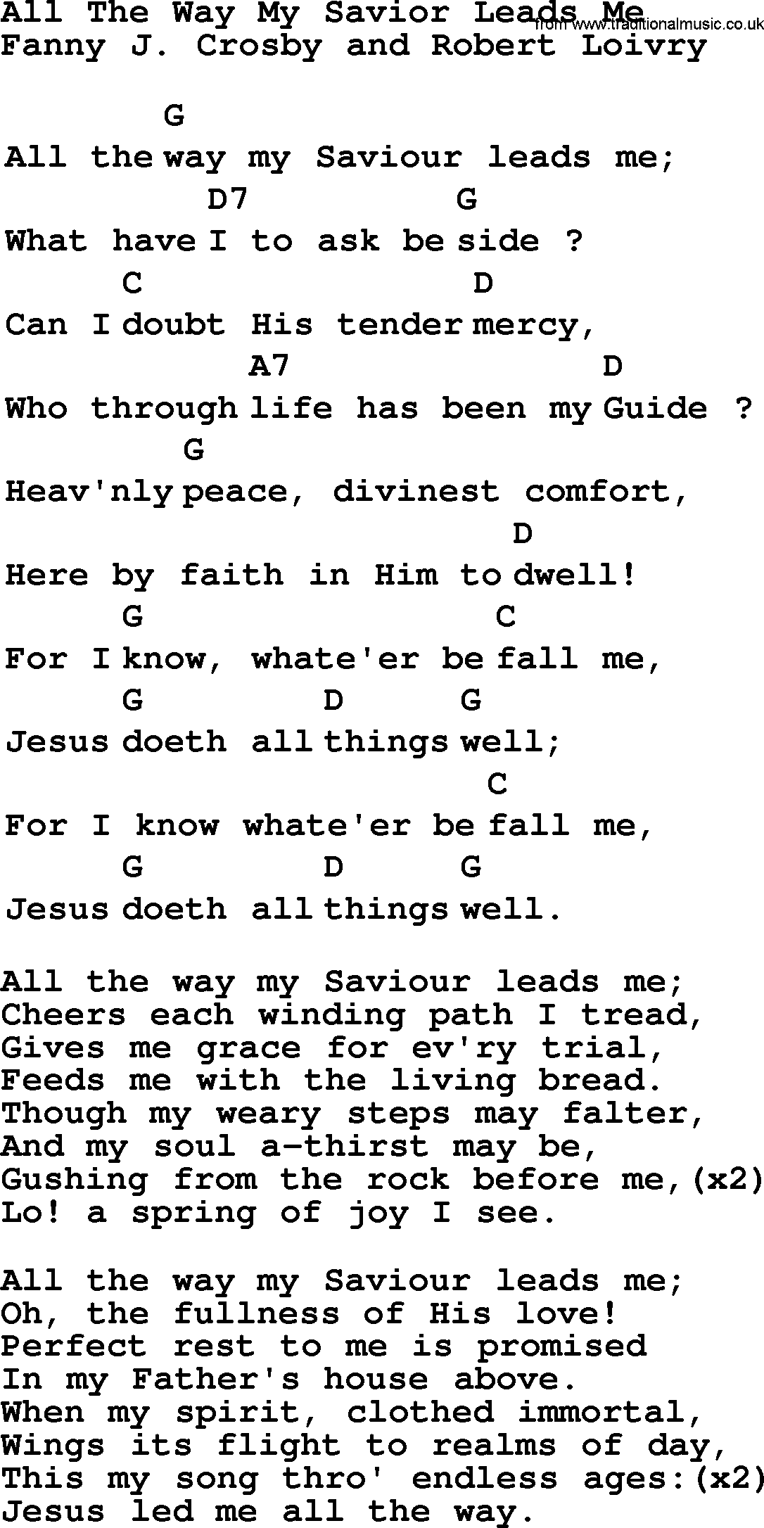 Top 1000 Most Popular Folk and Old-time Songs: All The Way My Savior Leads Me, lyrics and chords