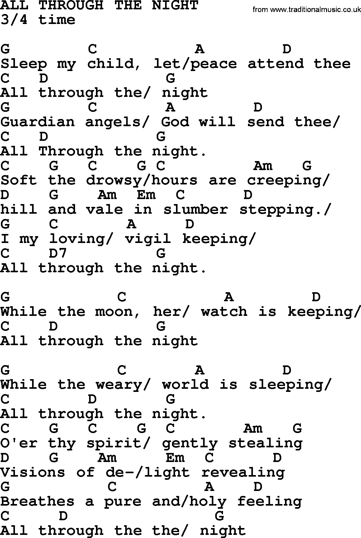 Top 1000 Most Popular Folk and Old-time Songs: All Through The Night, lyrics and chords