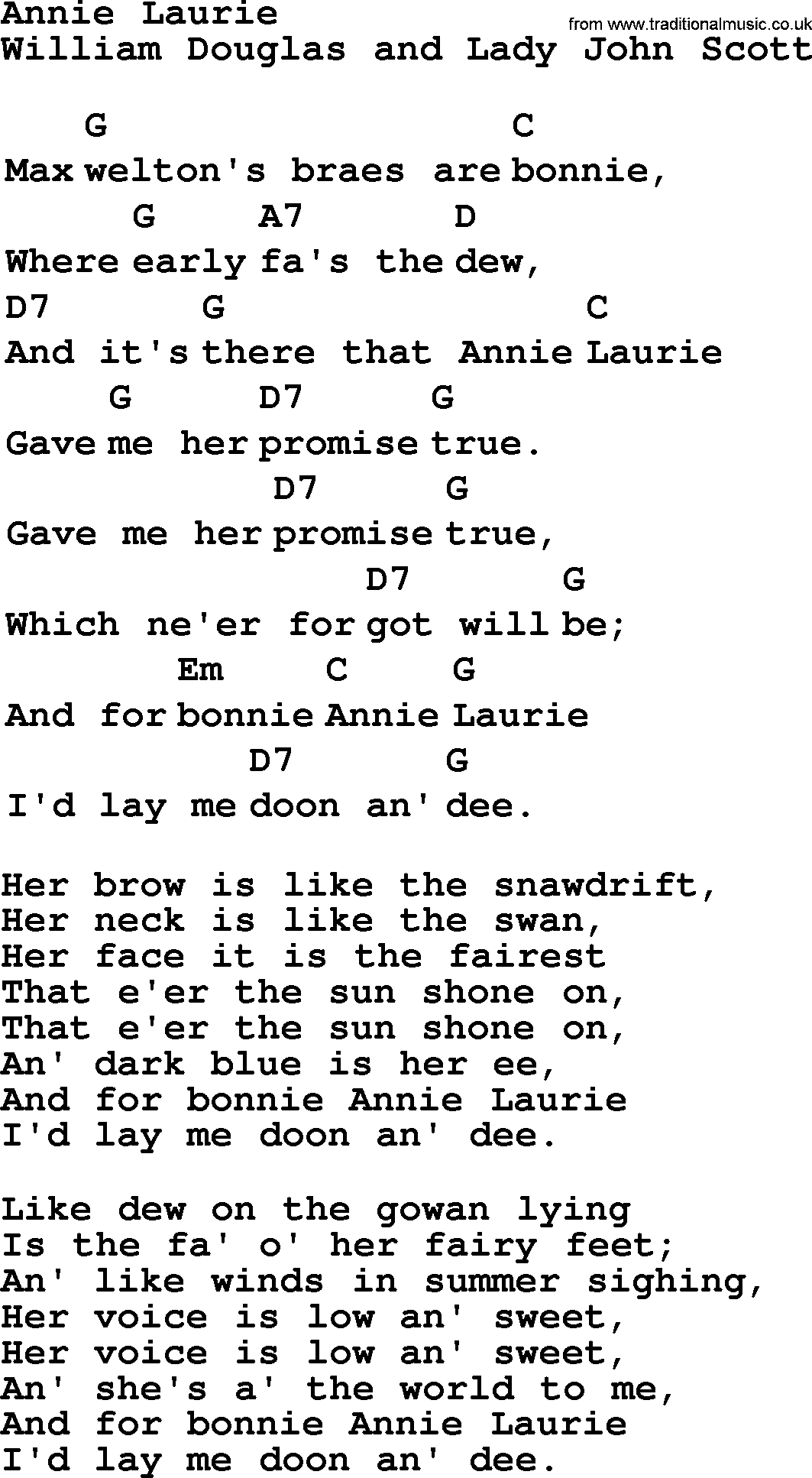 Top 1000 Most Popular Folk and Old-time Songs: Annie Laurie, lyrics and chords
