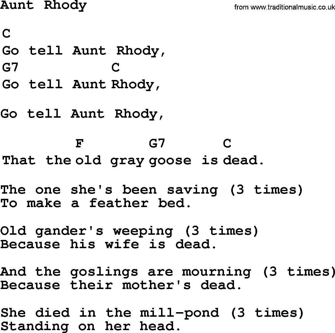 Top 1000 Most Popular Folk and Old-time Songs: Aunt Rhody, lyrics and chords