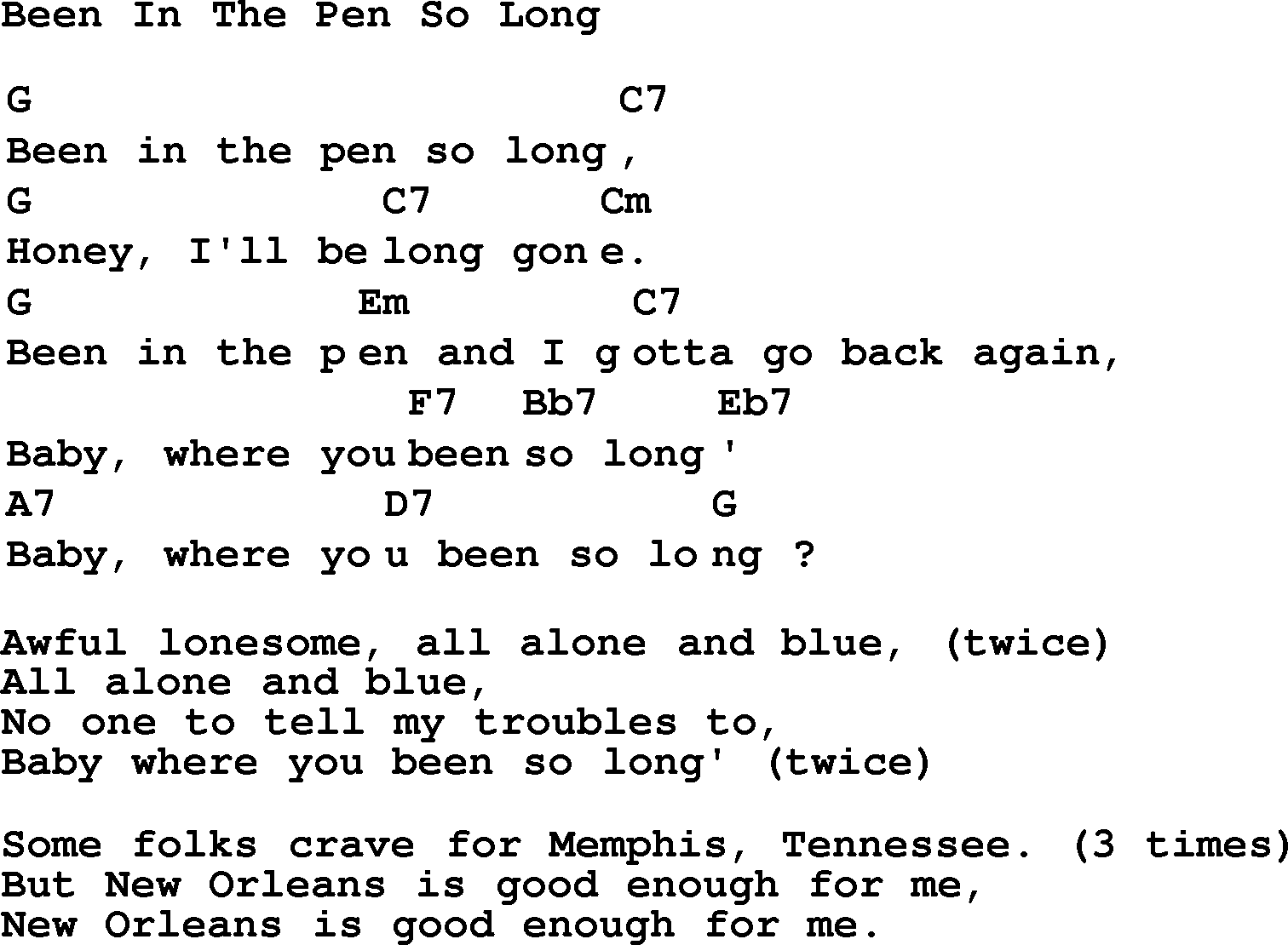 Top 1000 Most Popular Folk and Old-time Songs: Been In The Pen So Long, lyrics and chords