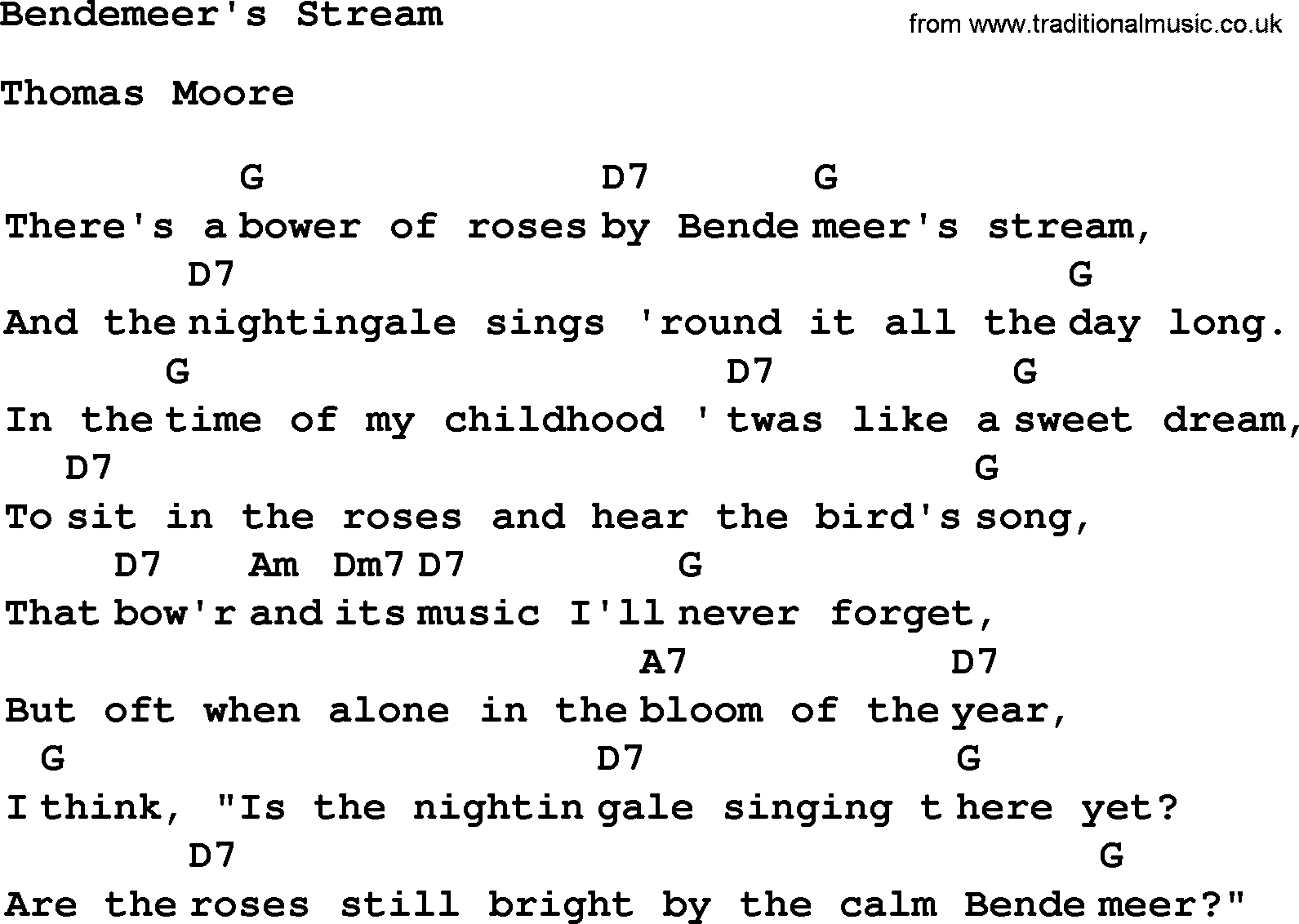Top 1000 Most Popular Folk and Old-time Songs: Bendemeers Stream, lyrics and chords