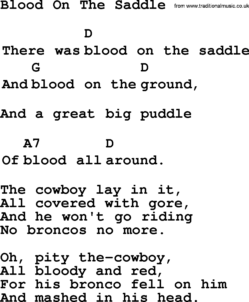 Top 1000 Most Popular Folk and Old-time Songs: Blood On The Saddle, lyrics and chords