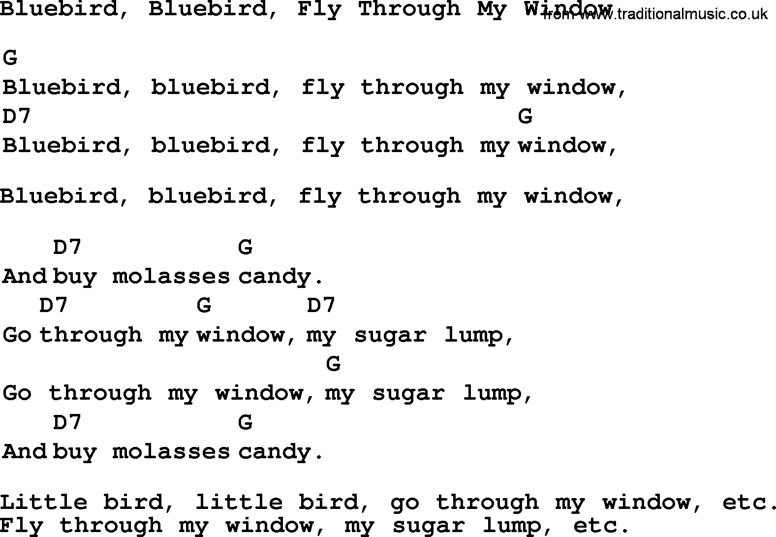Top 1000 Most Popular Folk and Old-time Songs: Bluebird, Bluebird, Fly Through My Window, lyrics and chords