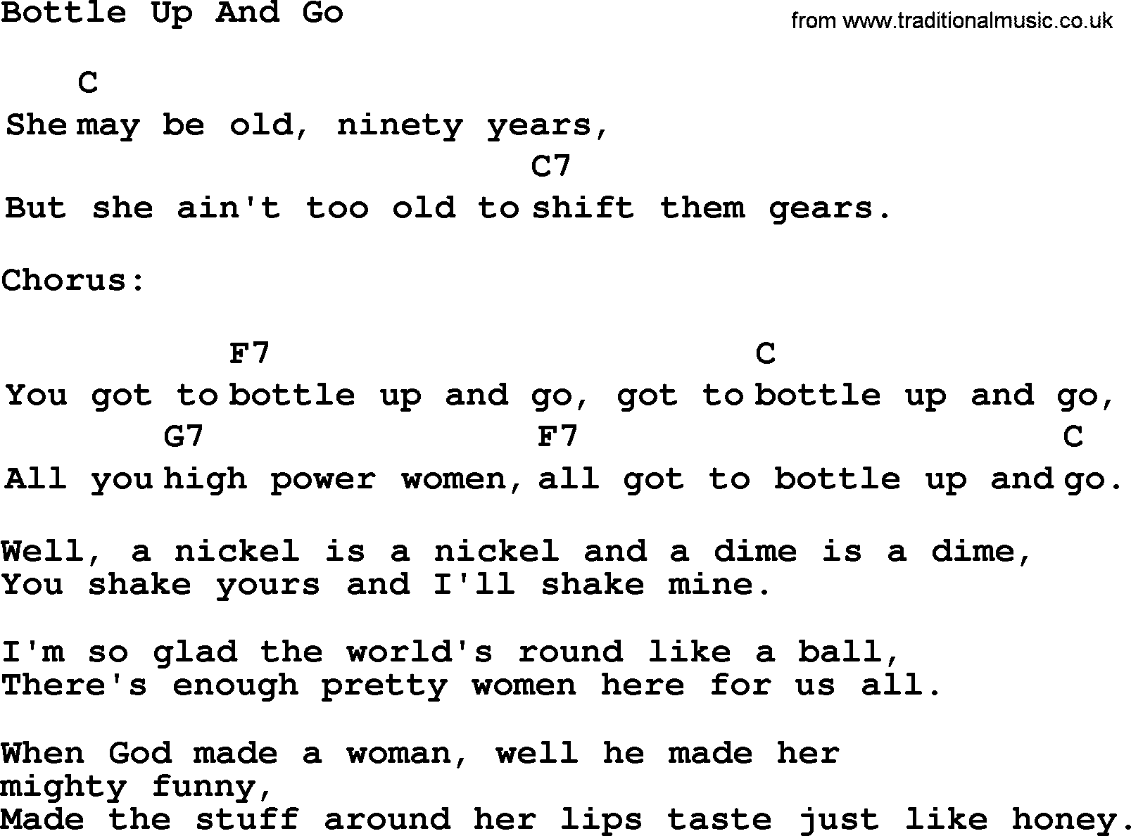 Top 1000 Most Popular Folk and Old-time Songs: Bottle Up And Go, lyrics and chords