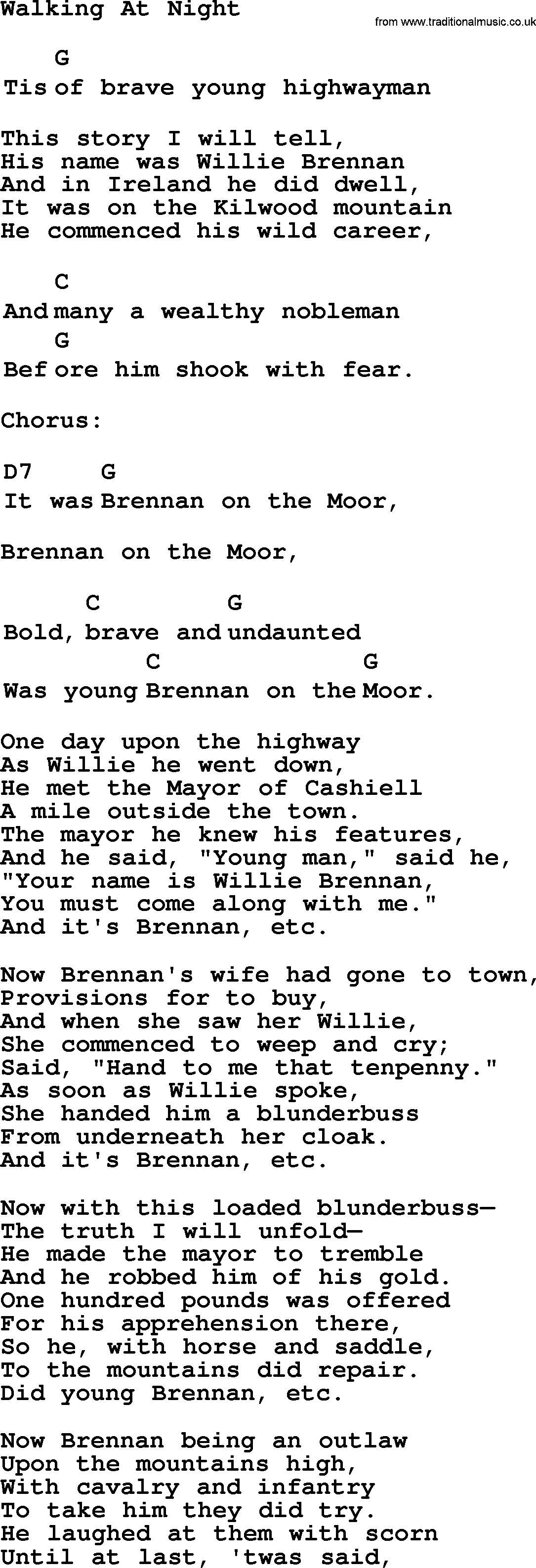 Top 1000 Most Popular Folk and Old-time Songs: Brennan On The Moor, lyrics and chords