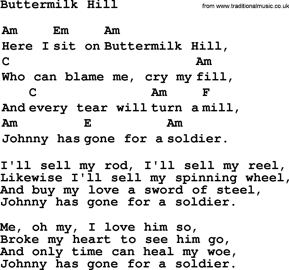 Top 1000 Most Popular Folk and Old-time Songs: Buttermilk Hill, lyrics and chords