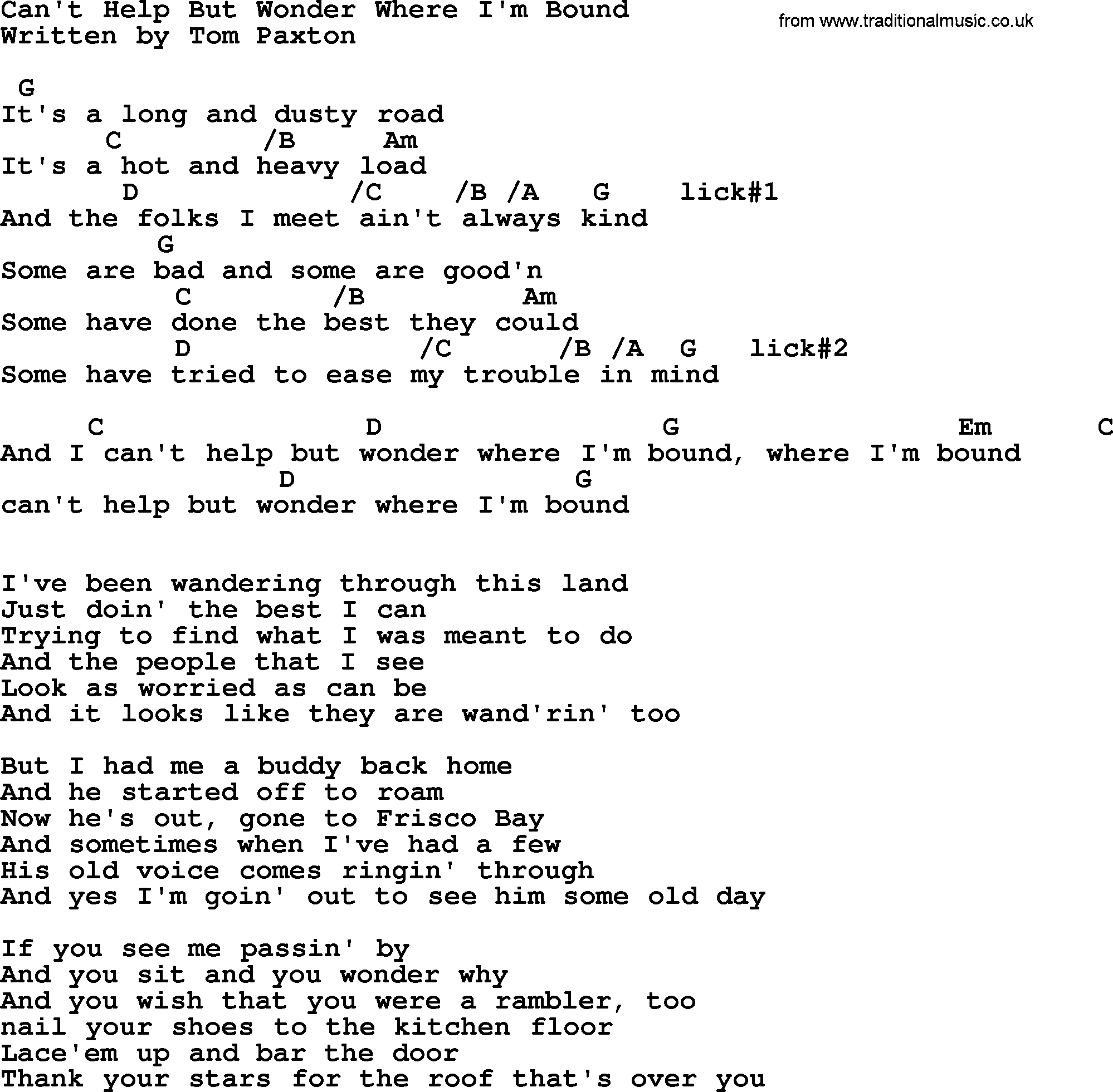 Top 1000 Most Popular Folk and Old-time Songs: Can't Help But Wonder Where I'm Bound, lyrics and chords