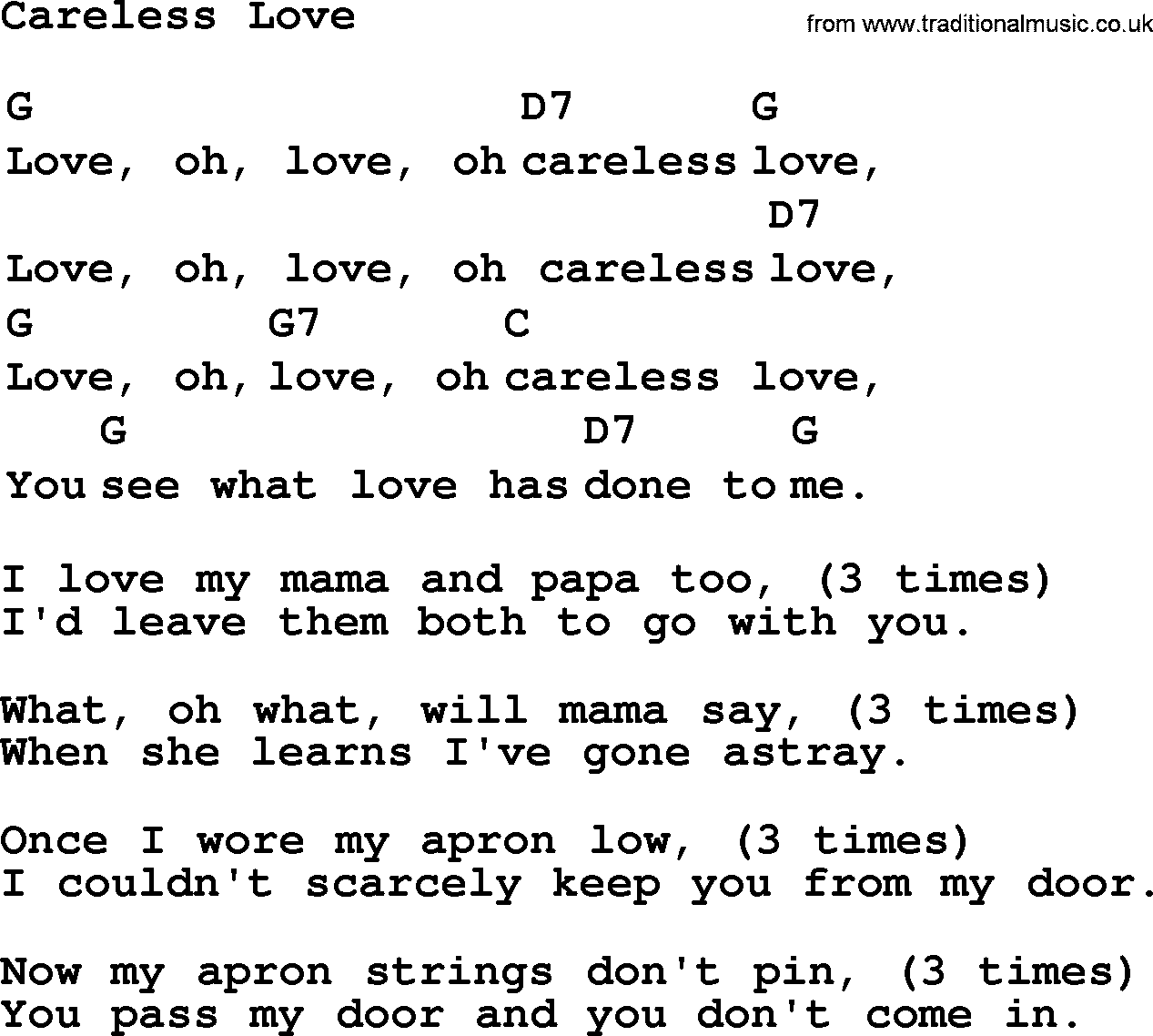 Top 1000 Most Popular Folk and Old-time Songs: Careless Love, lyrics and chords