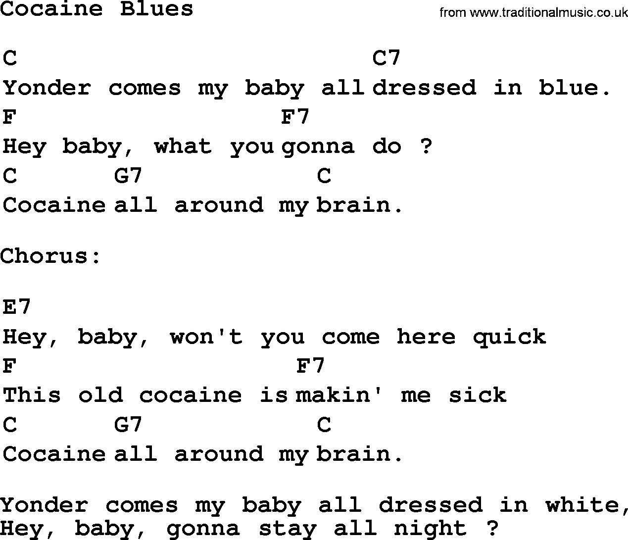 Top 1000 Most Popular Folk and Old-time Songs: Cocaine Blues, lyrics and chords