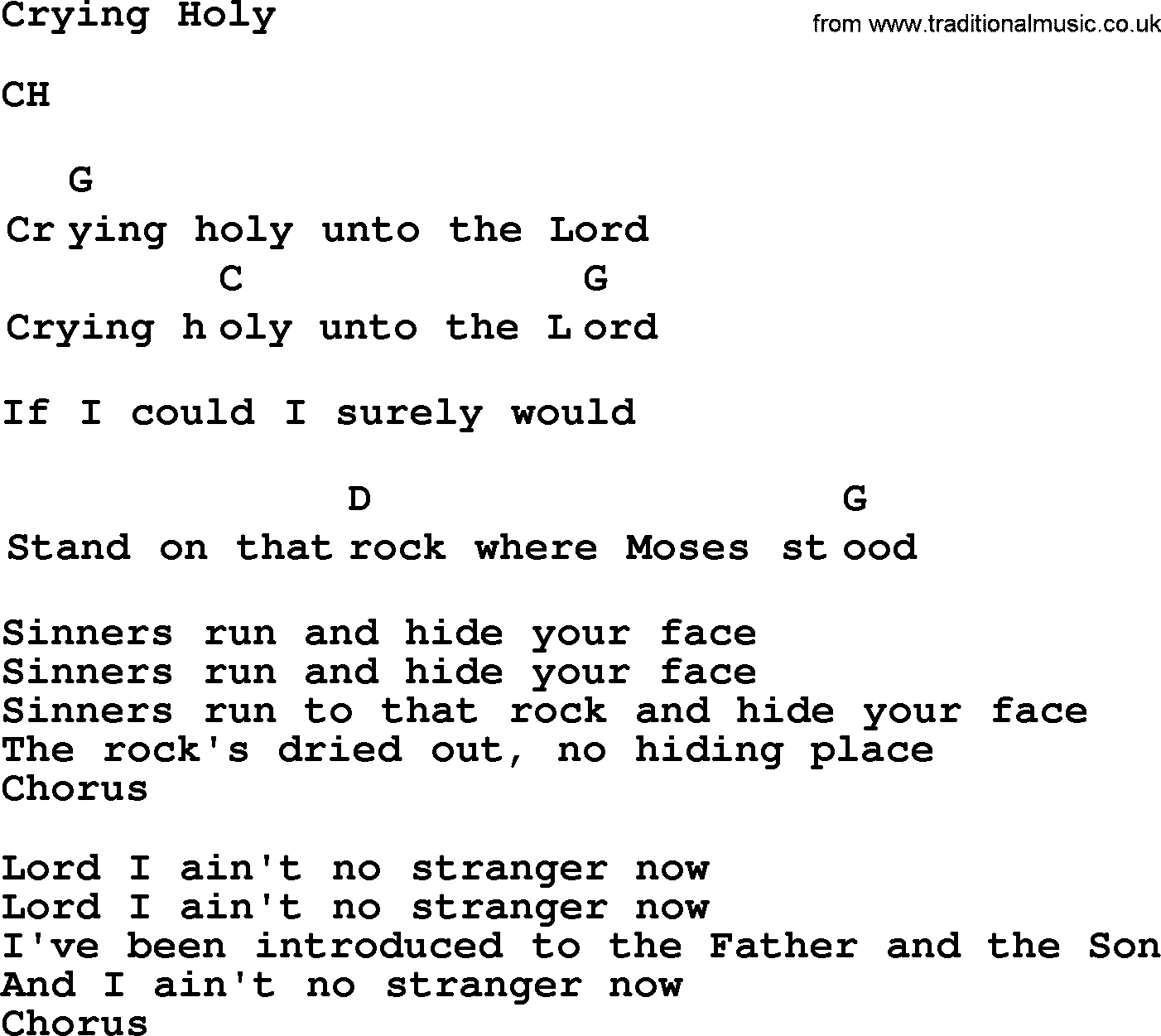 Top 1000 Most Popular Folk and Old-time Songs: Crying Holy, lyrics and chords