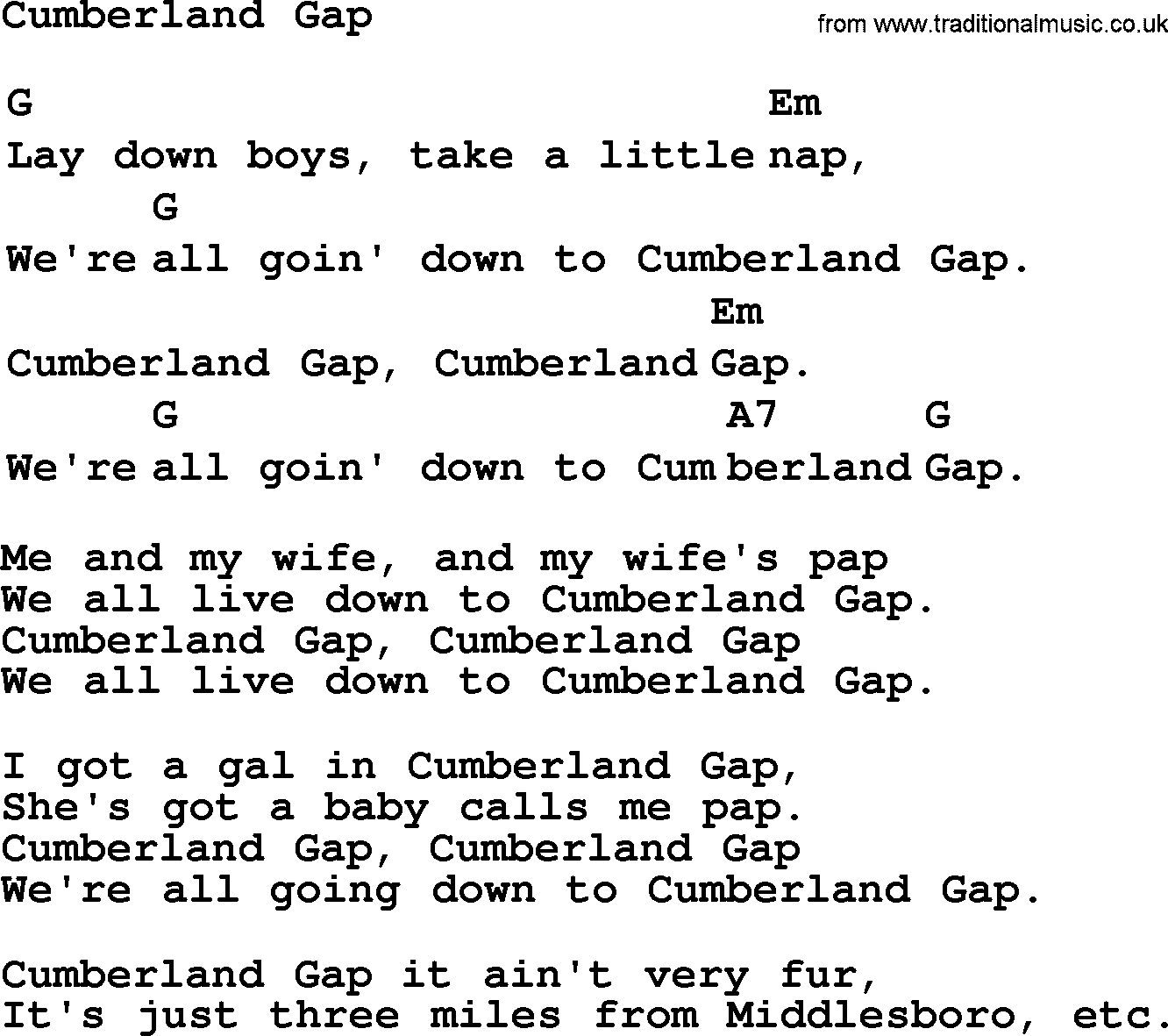 Top 1000 Most Popular Folk and Old-time Songs: Cumberland Gap, lyrics and chords