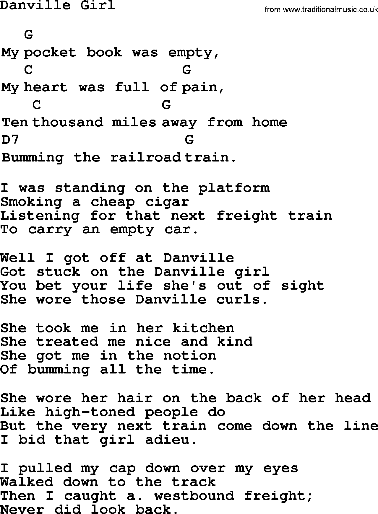 Top 1000 Most Popular Folk and Old-time Songs: Danville Girl, lyrics and chords