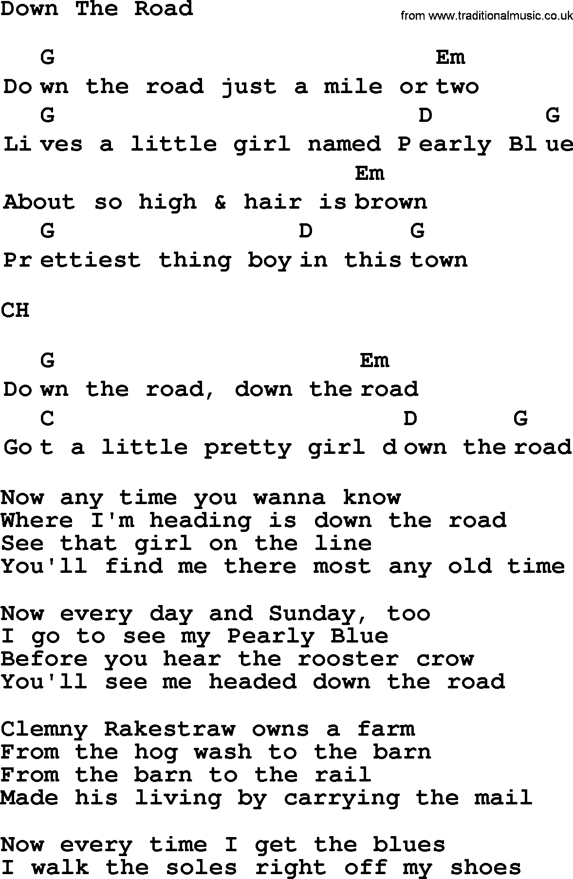Top 1000 Most Popular Folk and Old-time Songs: Down The Road, lyrics and chords