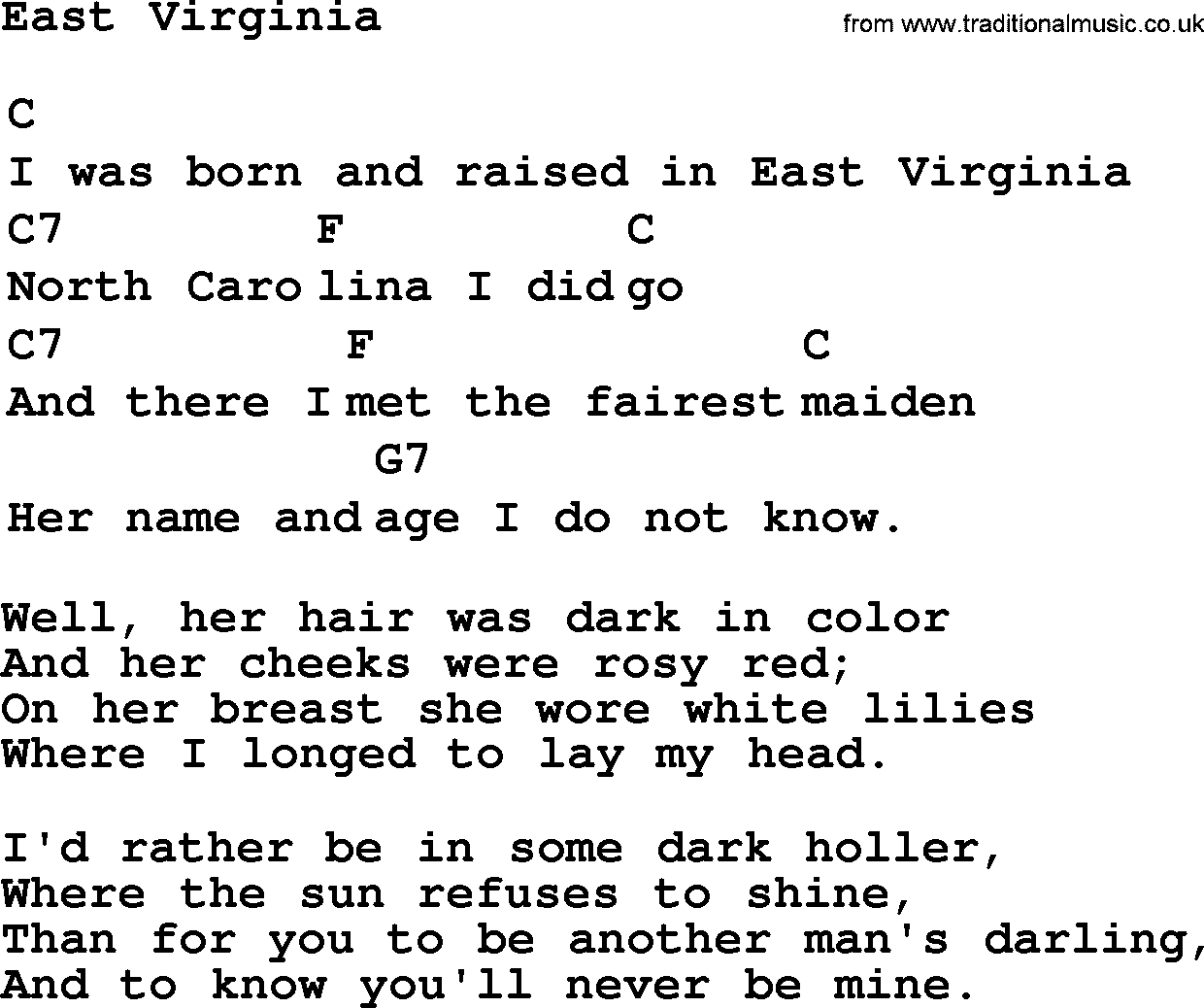 Top 1000 Most Popular Folk and Old-time Songs: East Virginia, lyrics and chords