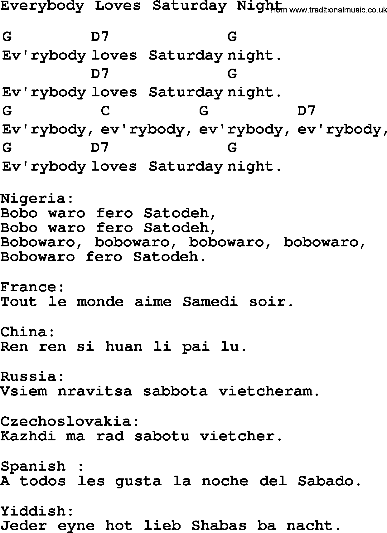 Top 1000 Most Popular Folk and Old-time Songs: Everybody Loves Saturday Night, lyrics and chords