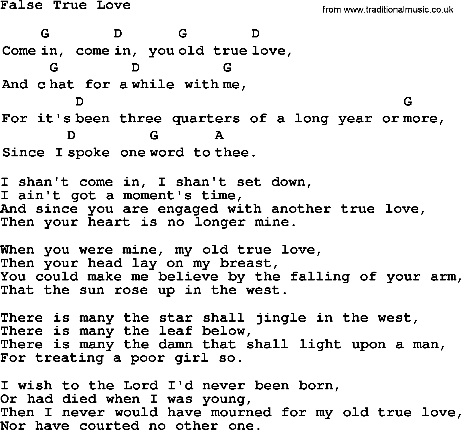 Top 1000 Most Popular Folk and Old-time Songs: False True Love, lyrics and chords