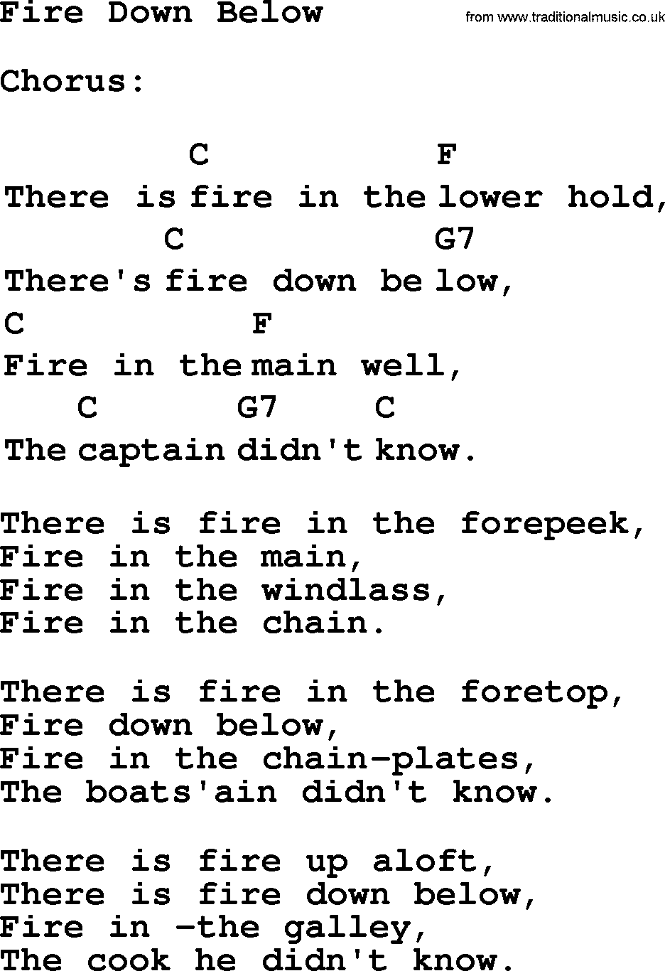Top 1000 Most Popular Folk and Old-time Songs: Fire Down Below, lyrics and chords
