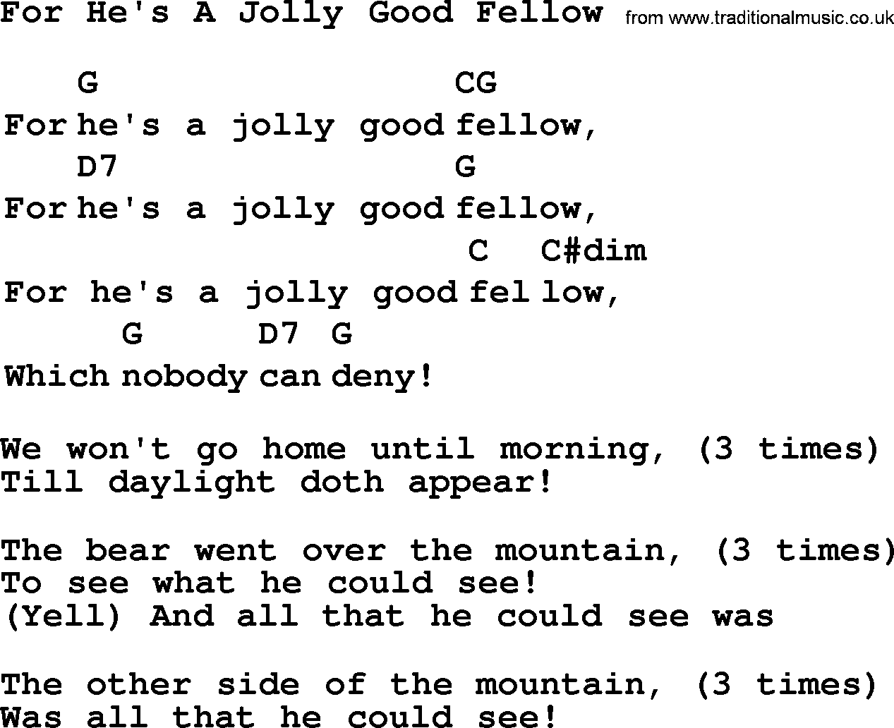 Top 1000 Most Popular Folk and Old-time Songs: For Hes A Jolly Good Fellow, lyrics and chords