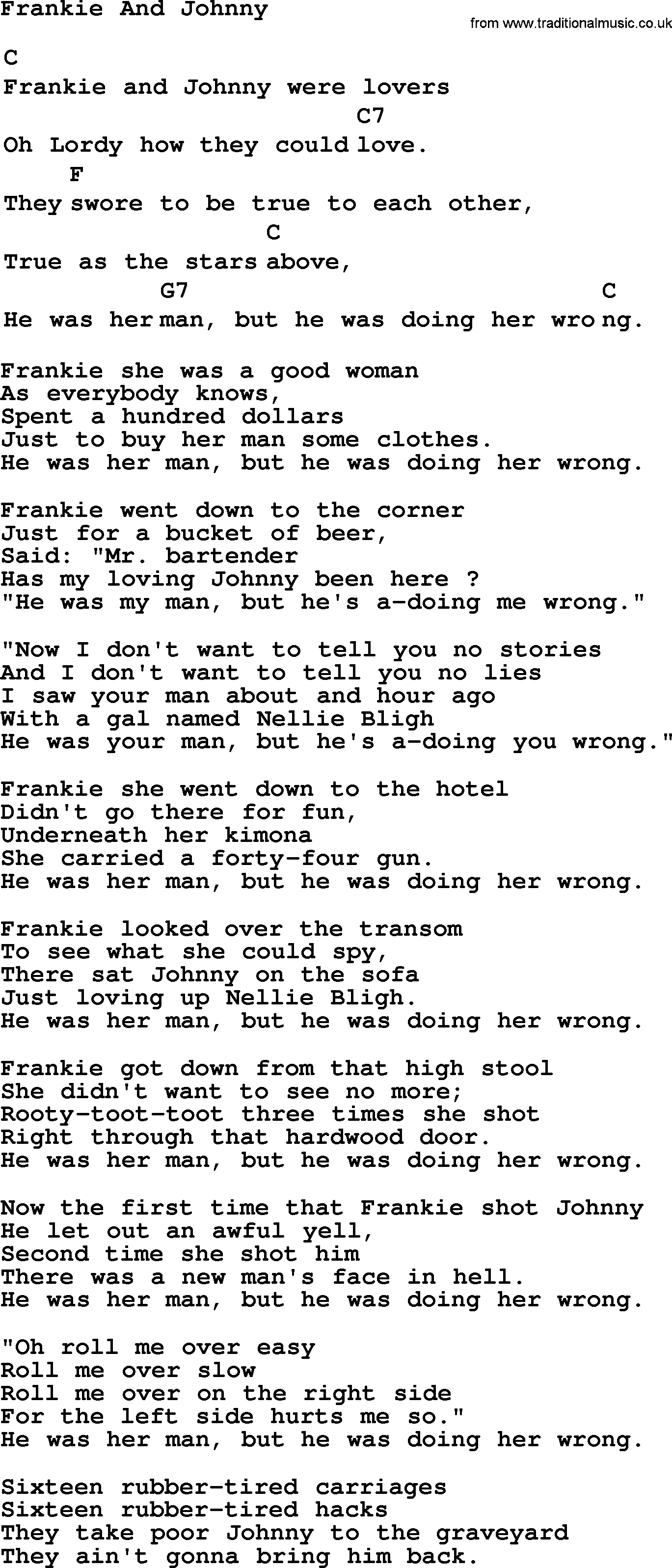 Top 1000 Most Popular Folk and Old-time Songs: Frankie And Johnny, lyrics and chords