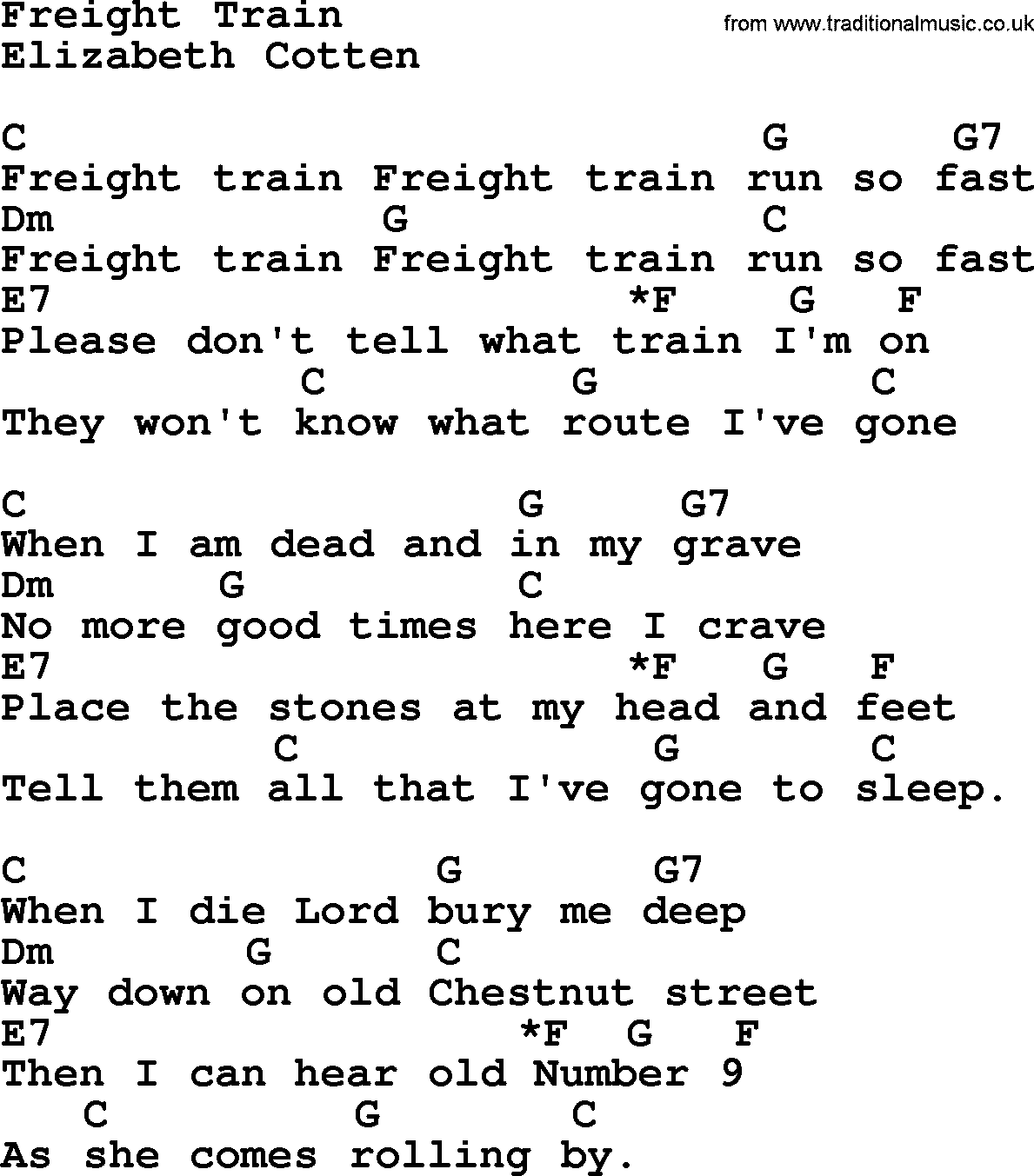 Top 1000 Most Popular Folk and Old-time Songs: Freight Train, lyrics and chords