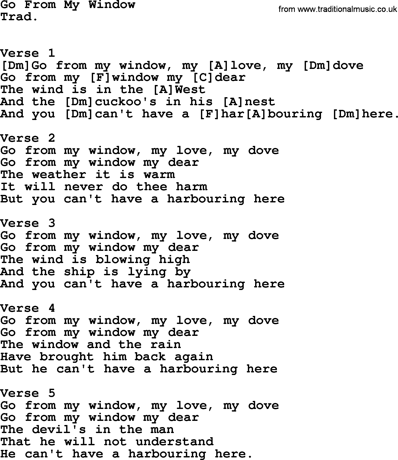 Top 1000 Most Popular Folk and Old-time Songs: Go From My Window, lyrics and chords