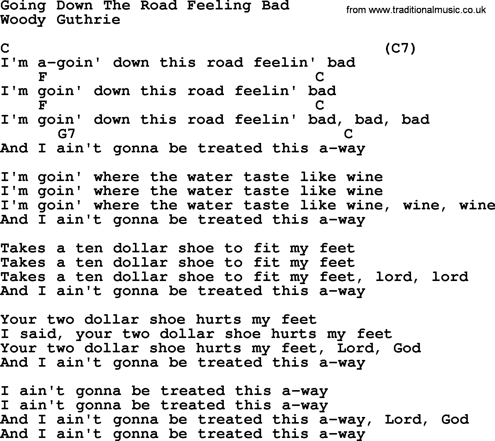 Top 1000 Most Popular Folk and Old-time Songs: Going Down The Road Feeling Bad, lyrics and chords