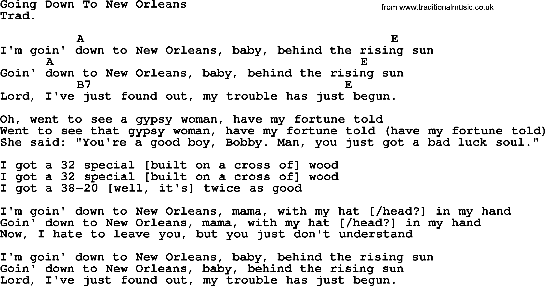 Top 1000 Most Popular Folk and Old-time Songs: Going Down To New Orleans, lyrics and chords