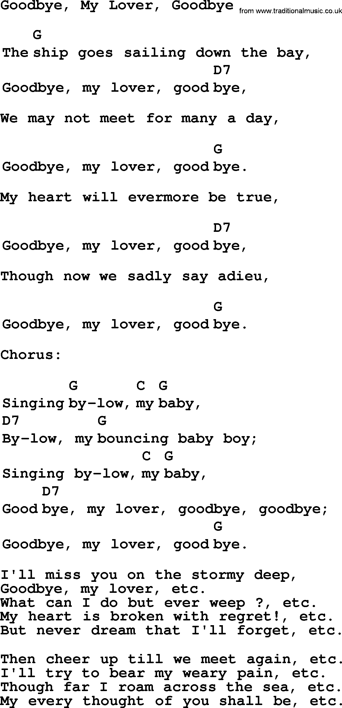 Top 1000 Most Popular Folk and Old-time Songs: Goodbye, My Lover, Goodbye, lyrics and chords