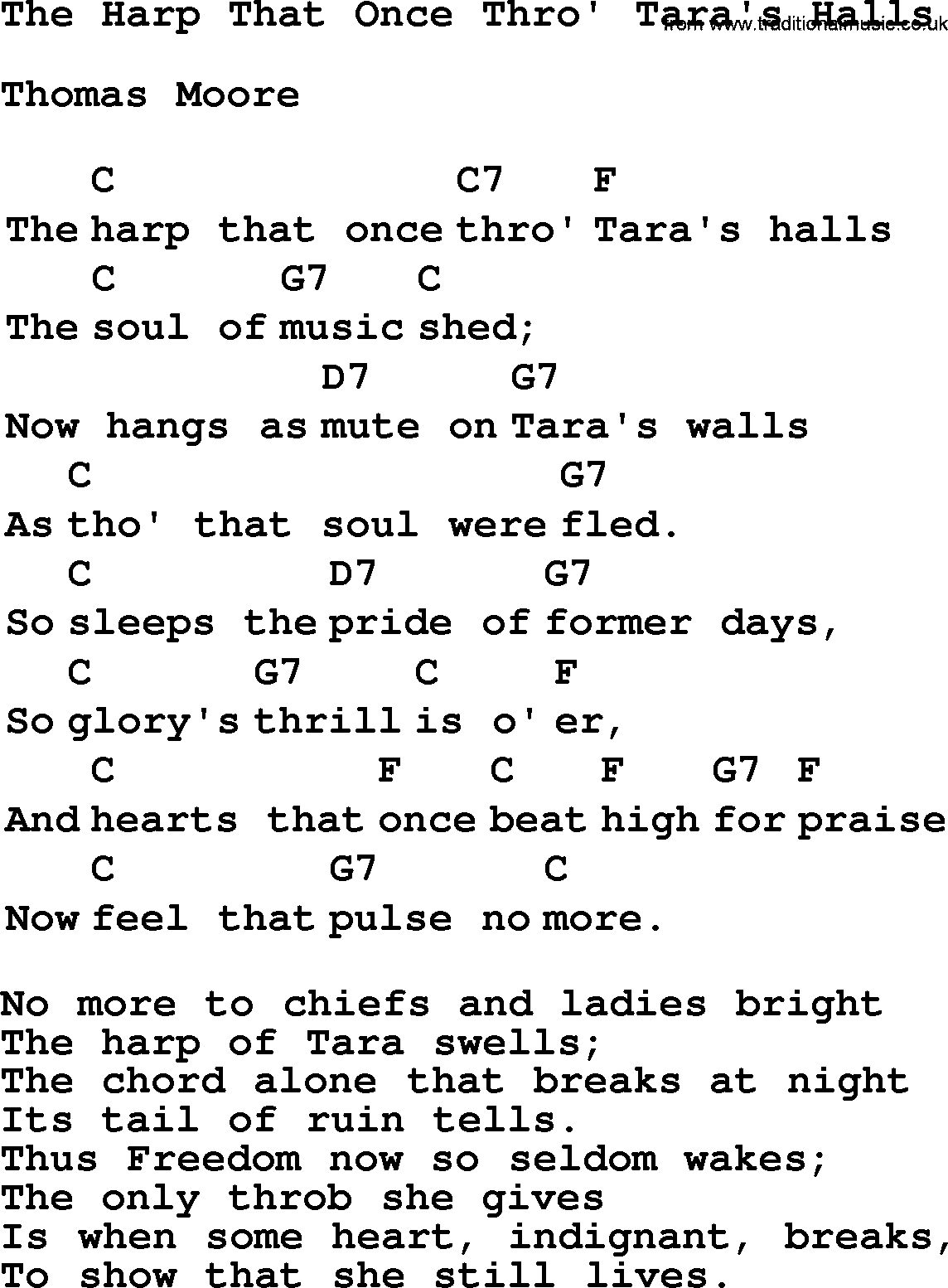 Top 1000 Most Popular Folk and Old-time Songs: Harp That Once Thro Taras Halls, lyrics and chords