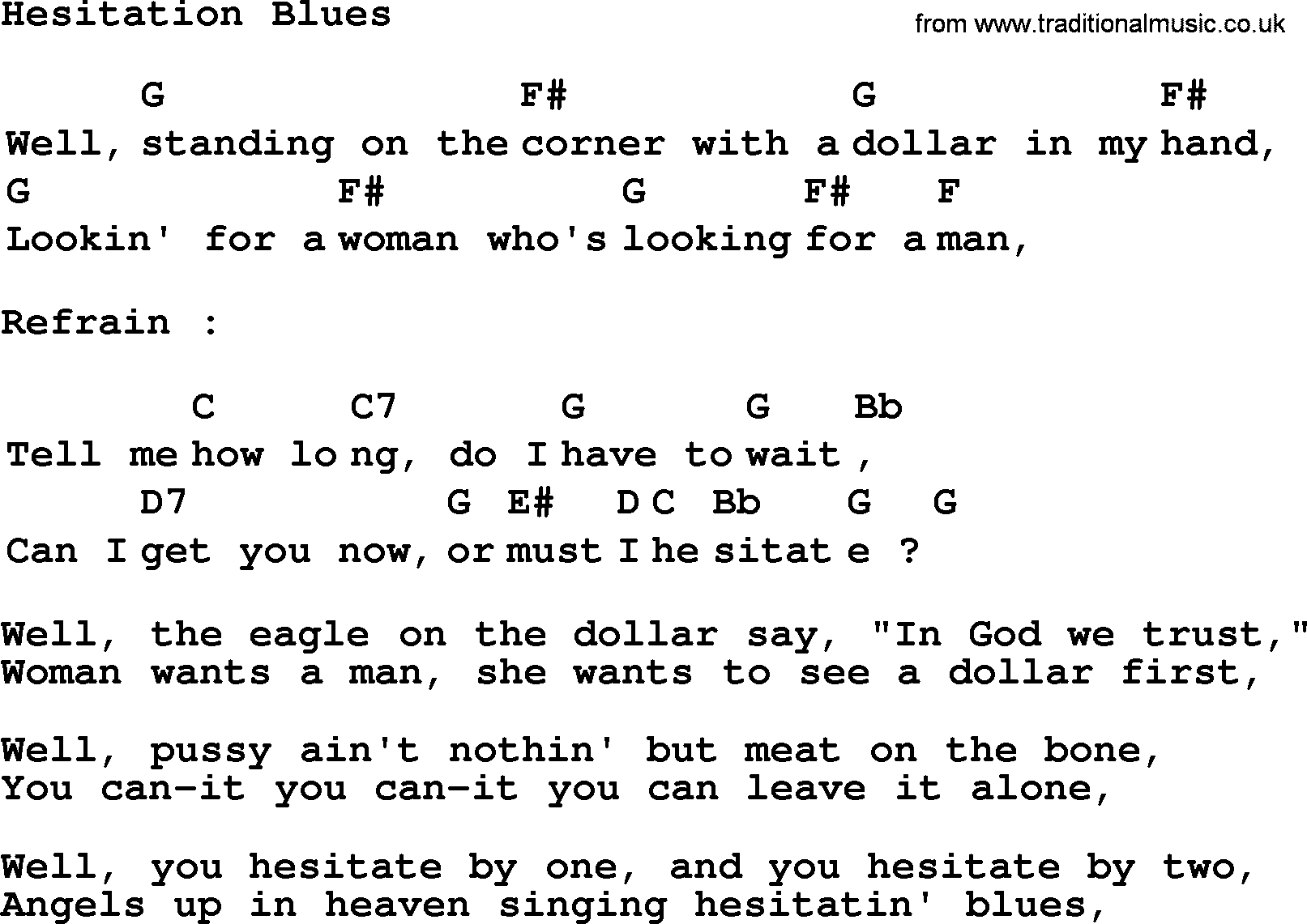 Top 1000 Most Popular Folk and Old-time Songs: Hesitation Blues, lyrics and chords