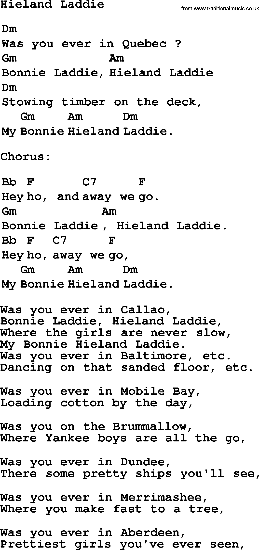 Top 1000 Most Popular Folk and Old-time Songs: Hieland Laddie, lyrics and chords