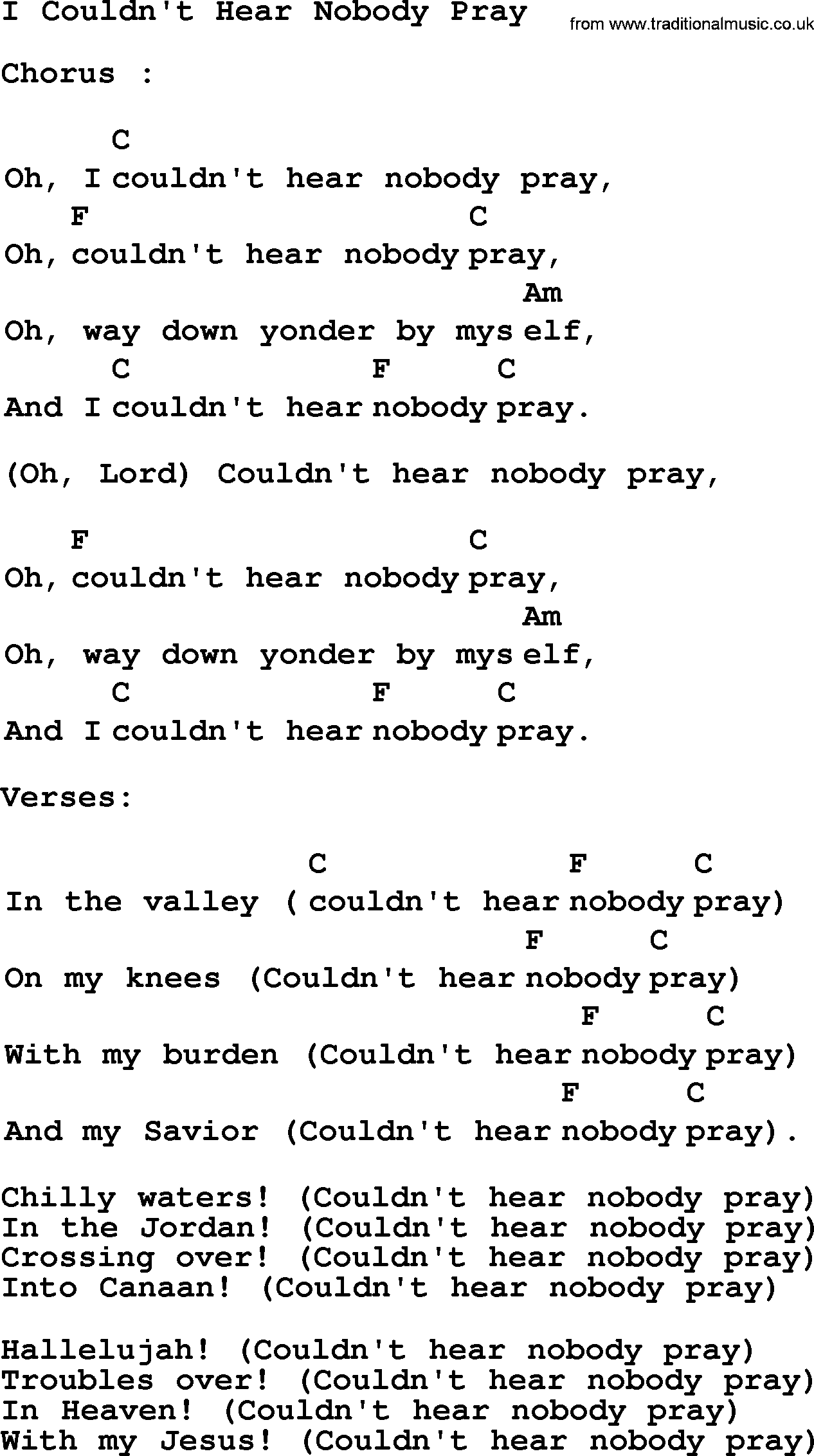 Top 1000 Most Popular Folk and Old-time Songs: I Couldnt Hear Nobody Pray, lyrics and chords