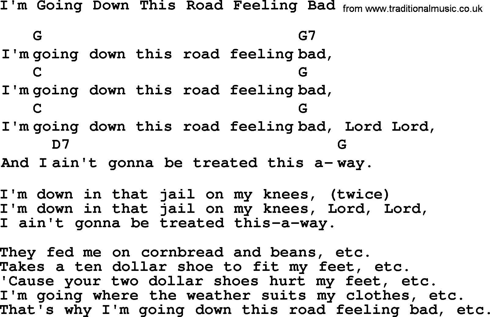 Top 1000 Most Popular Folk and Old-time Songs: Im Going Down This Road Feeling Bad, lyrics and chords