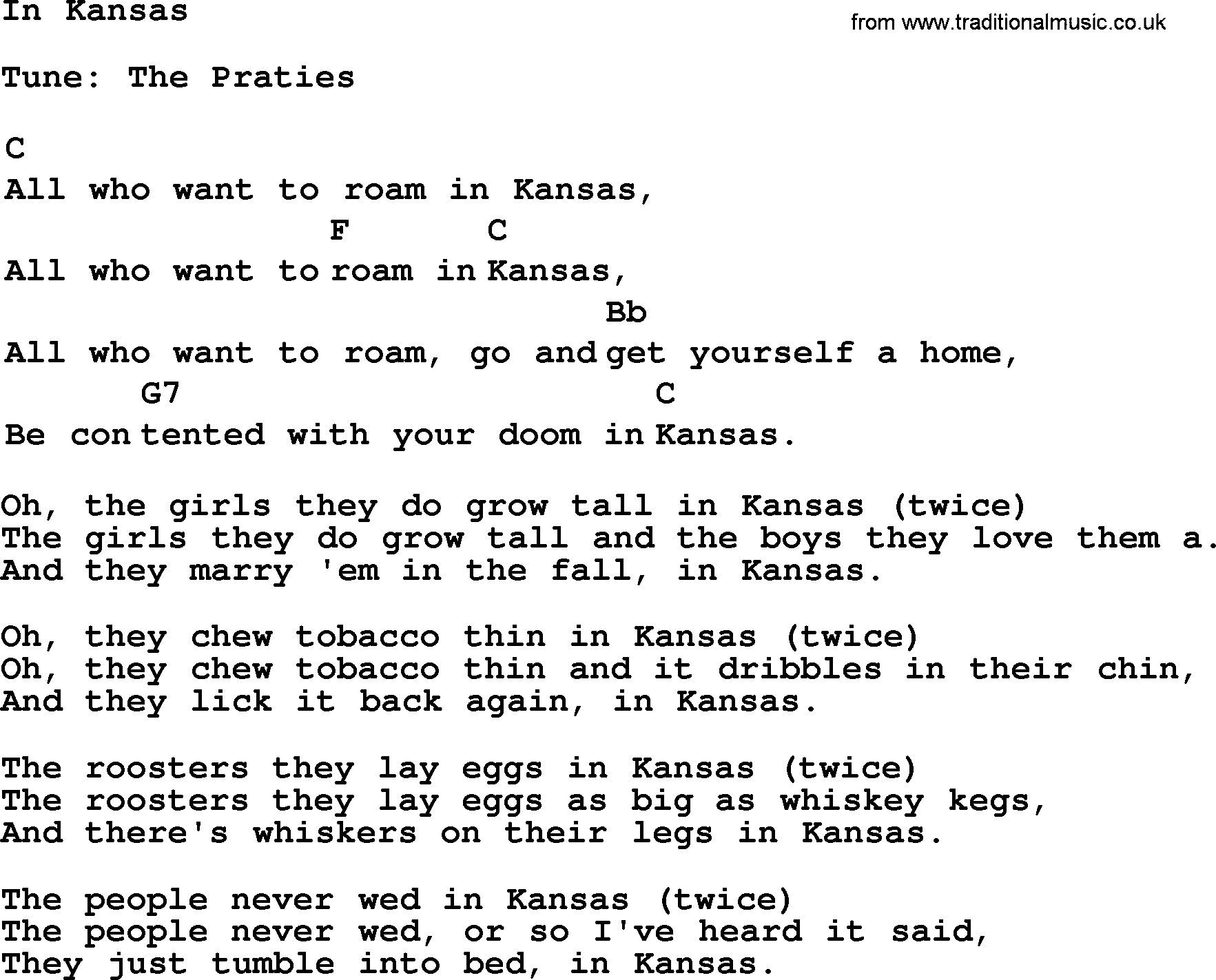 Top 1000 Most Popular Folk and Old-time Songs: In Kansas, lyrics and chords