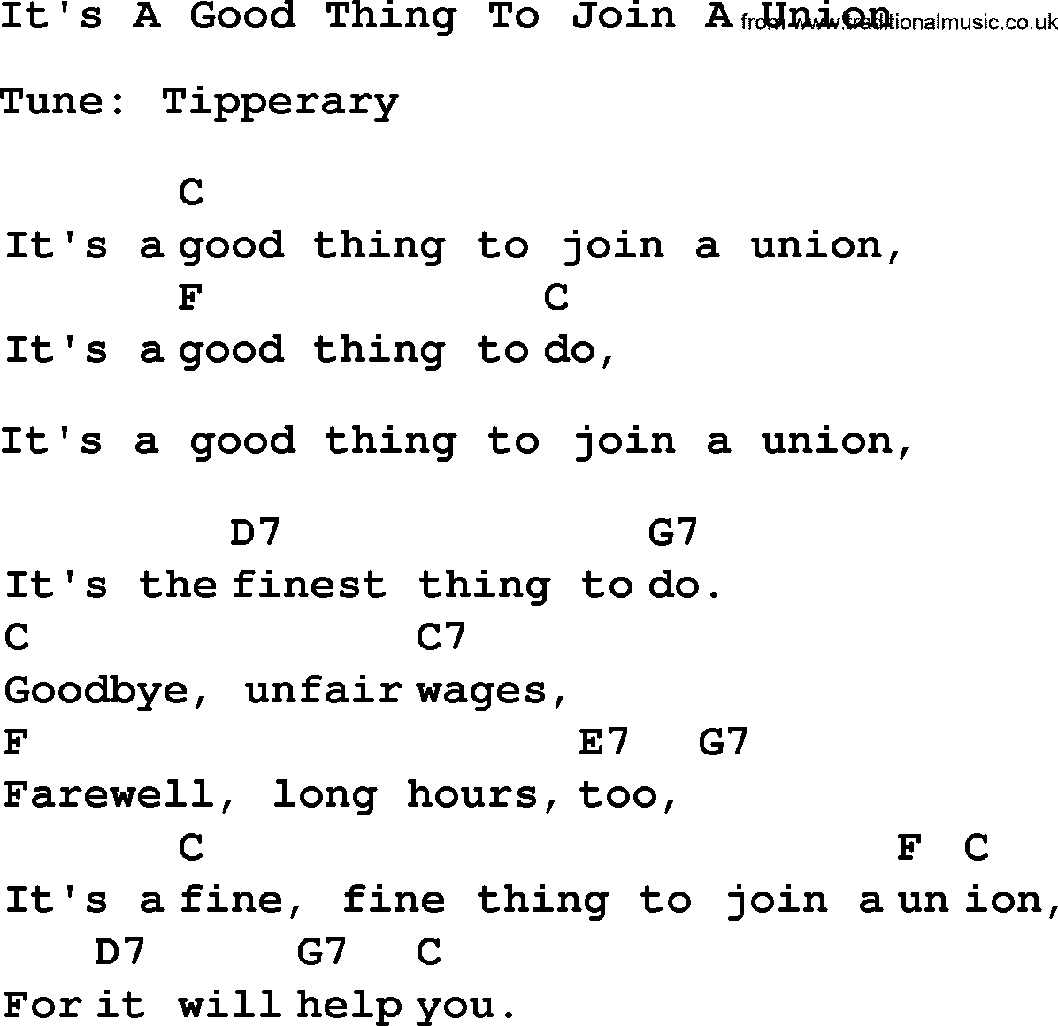Top 1000 Most Popular Folk and Old-time Songs: Its A Good Thing To Join A Union, lyrics and chords