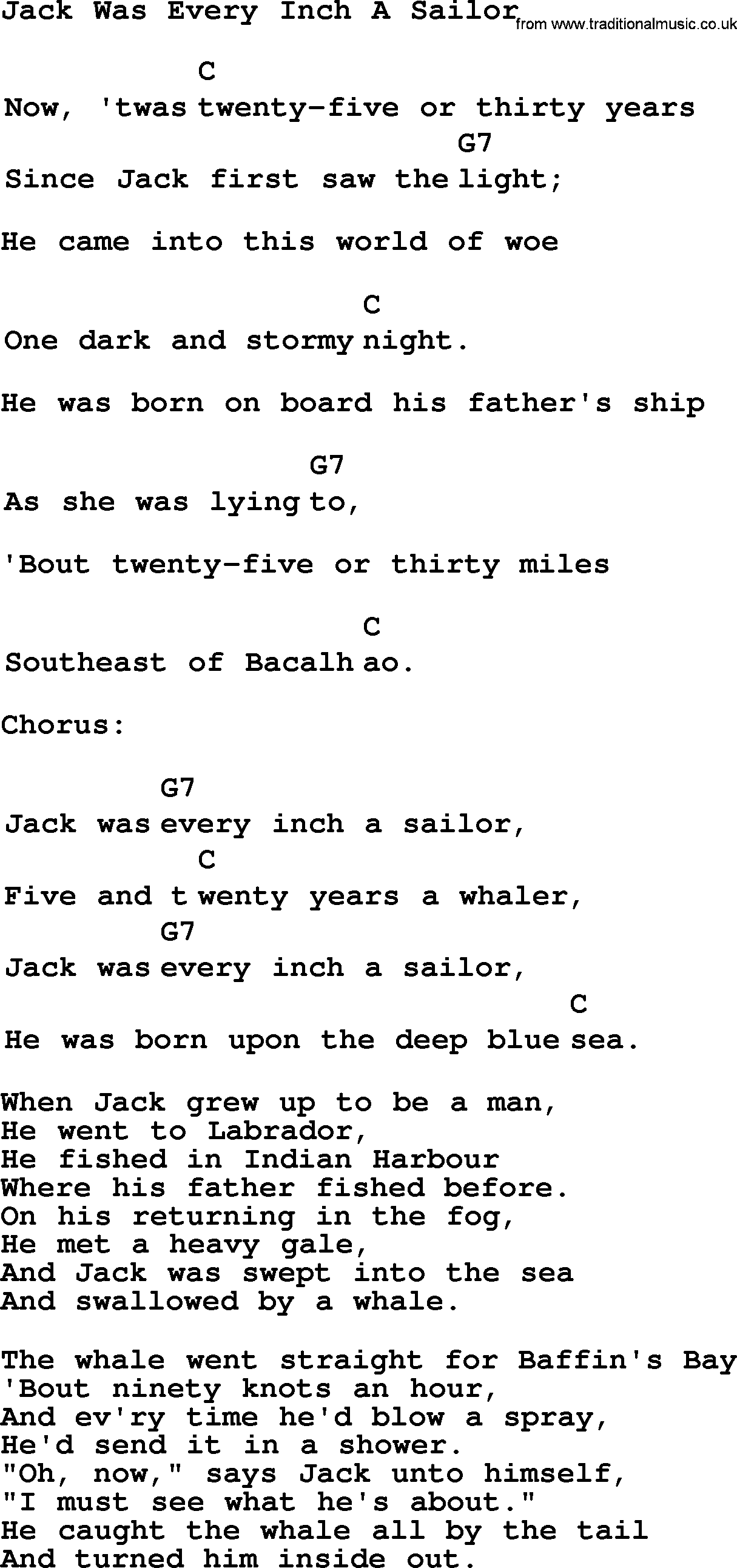 Top 1000 Most Popular Folk and Old-time Songs: Jack Was Every Inch A Sailor, lyrics and chords