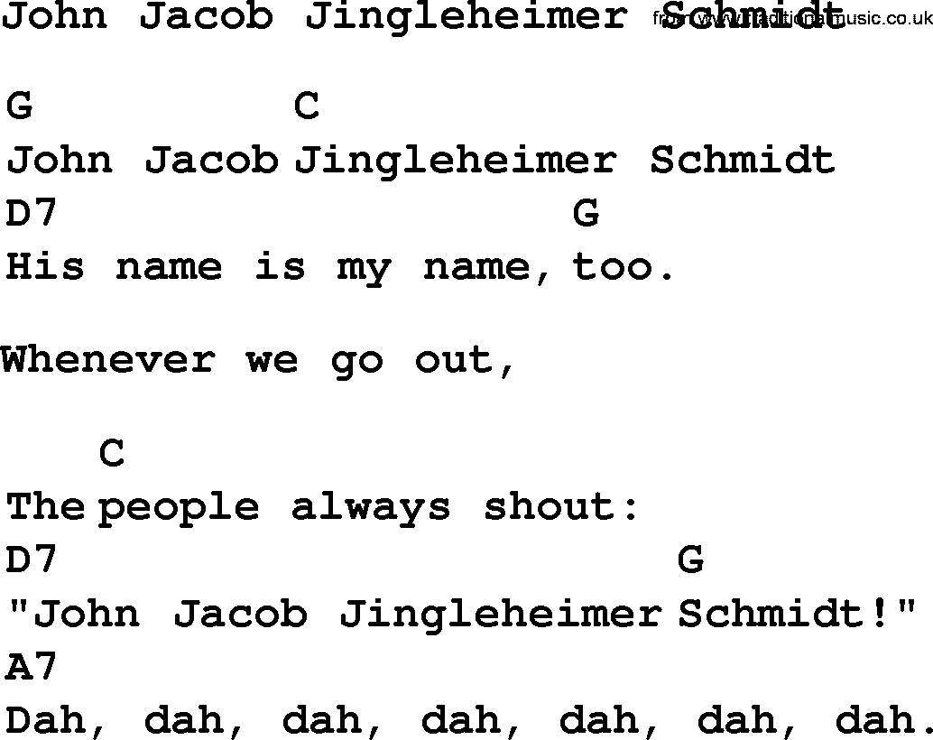Top 1000 Most Popular Folk and Old-time Songs: John Jacob Jingleheimer Schmidt, lyrics and chords