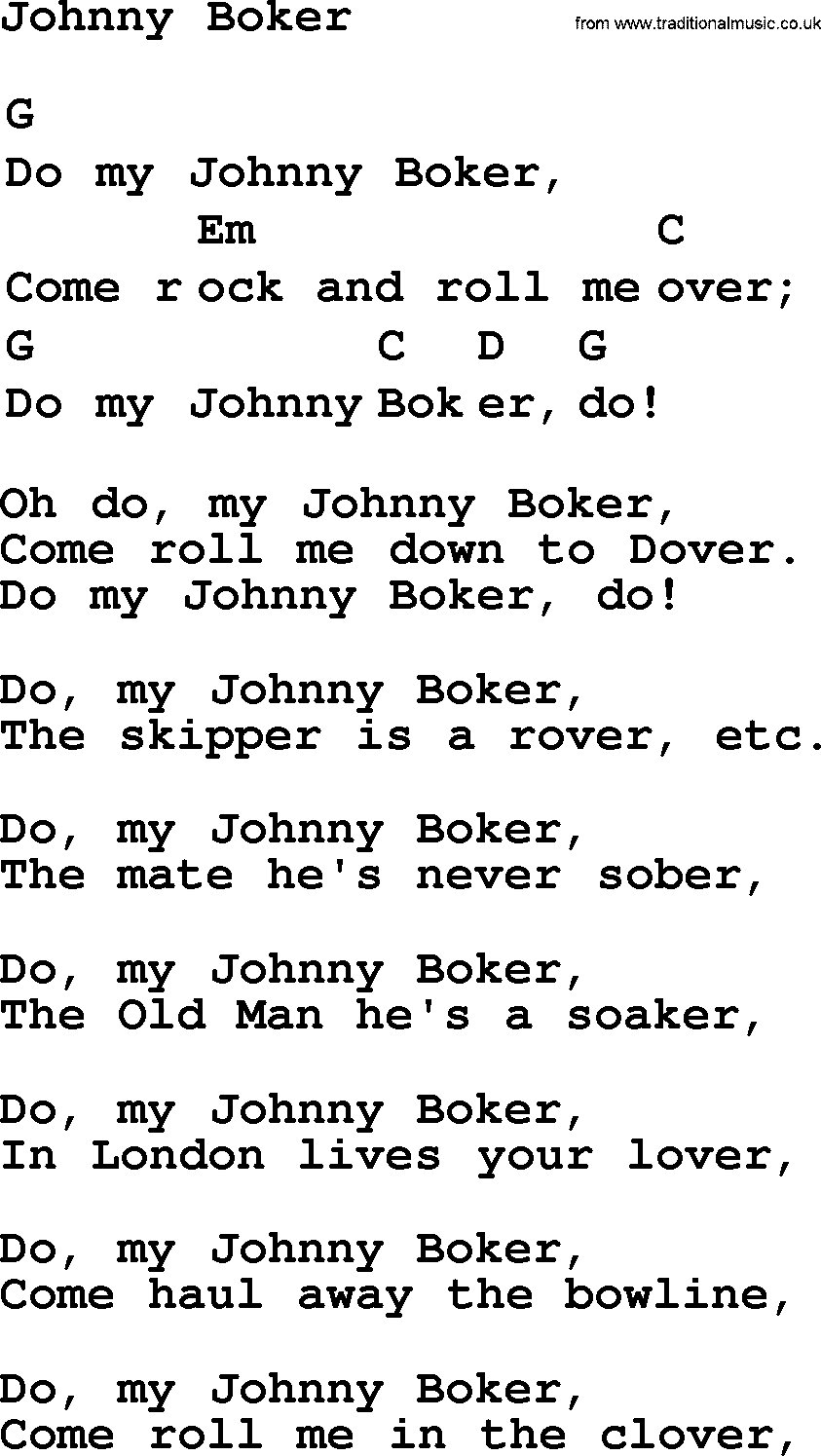 Top 1000 Most Popular Folk and Old-time Songs: Johnny Boker, lyrics and chords