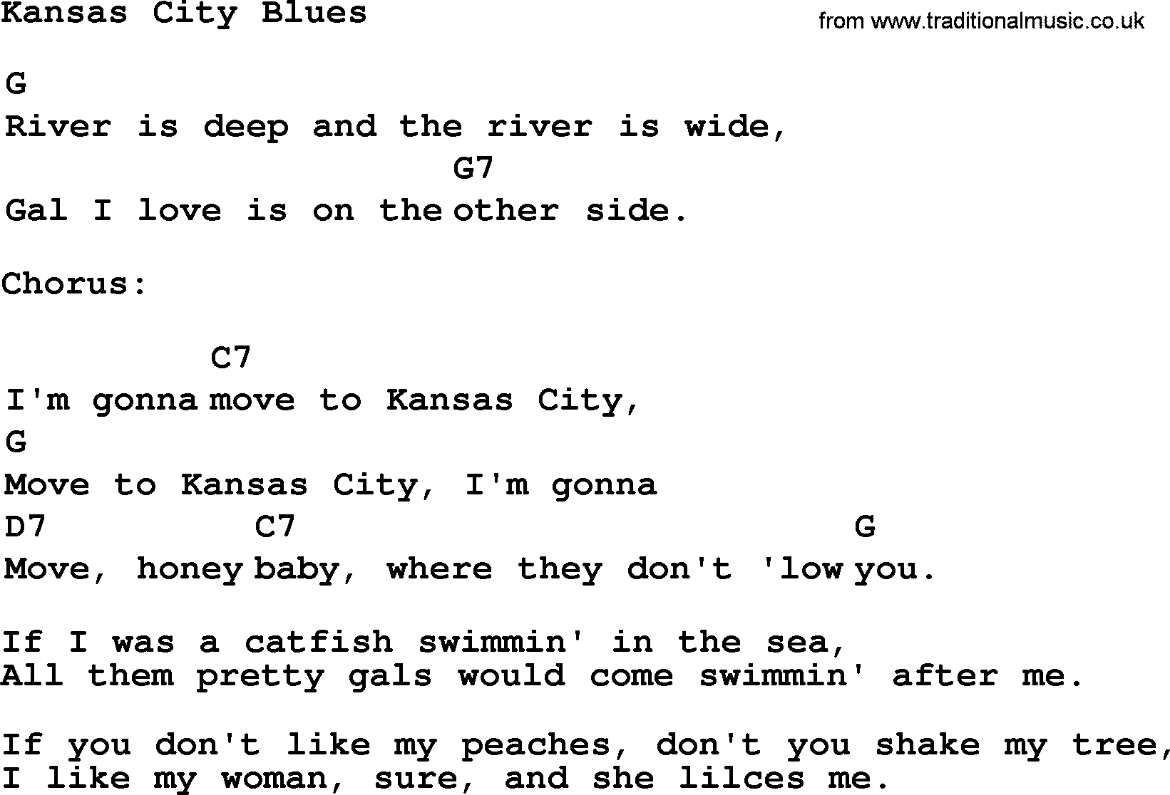 Top 1000 Most Popular Folk and Old-time Songs: Kansas City Blues, lyrics and chords