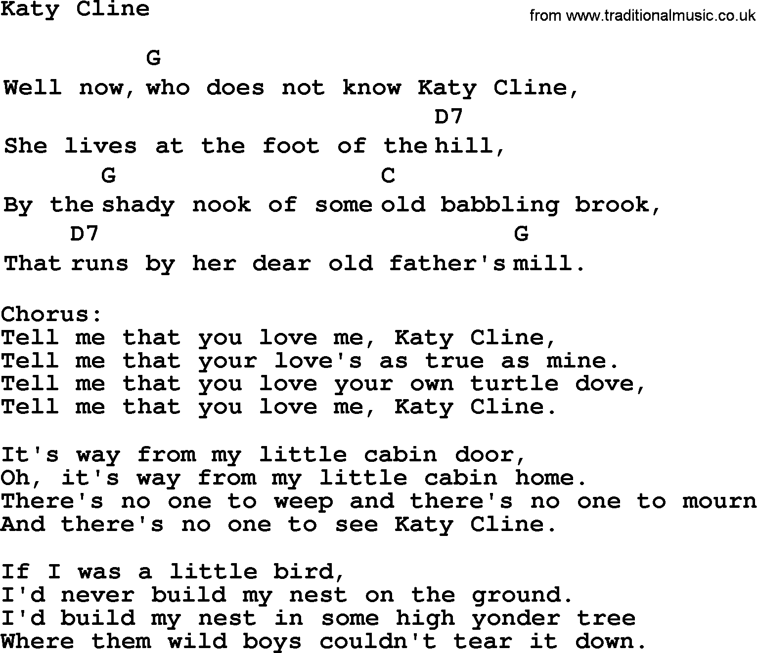 Top 1000 Most Popular Folk and Old-time Songs: Katy Cline, lyrics and chords